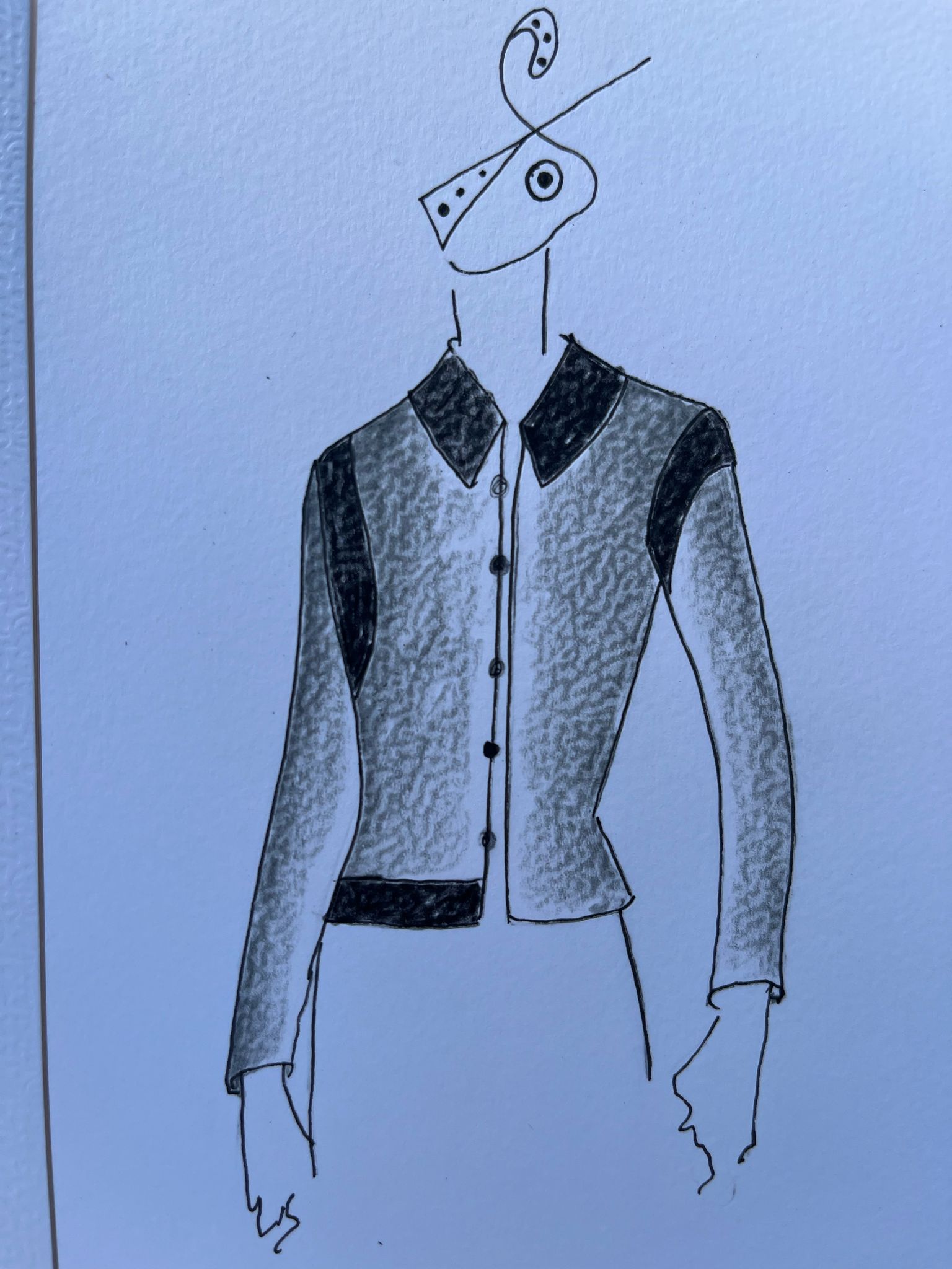 Drawing of a unisex cashmere jacket with faux leather stripes 